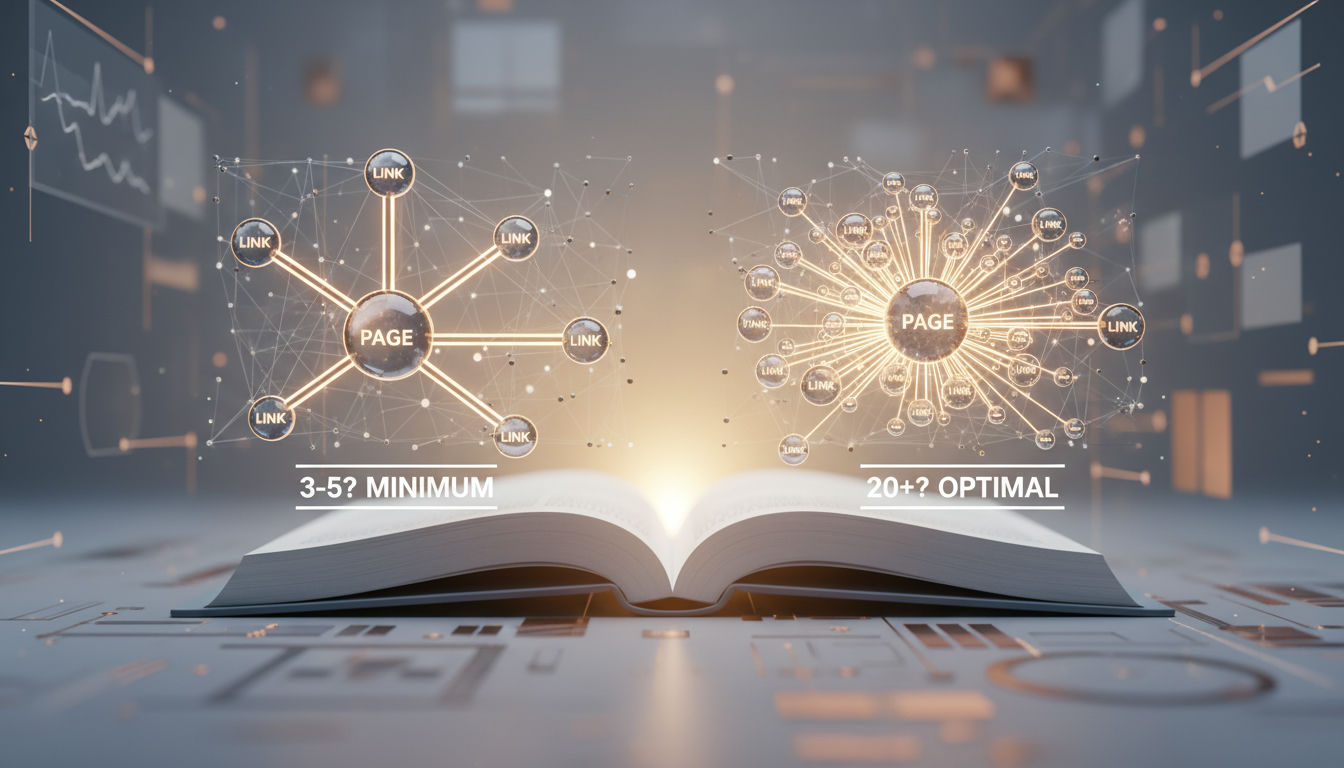 Minimal 3D render of linked discs illustrating how many internal links per page seo splits authority across connections