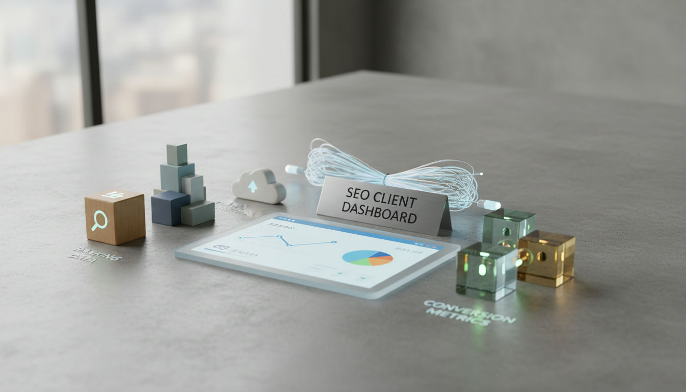 3D render of modular tiles representing an seo client dashboard with five metric categories