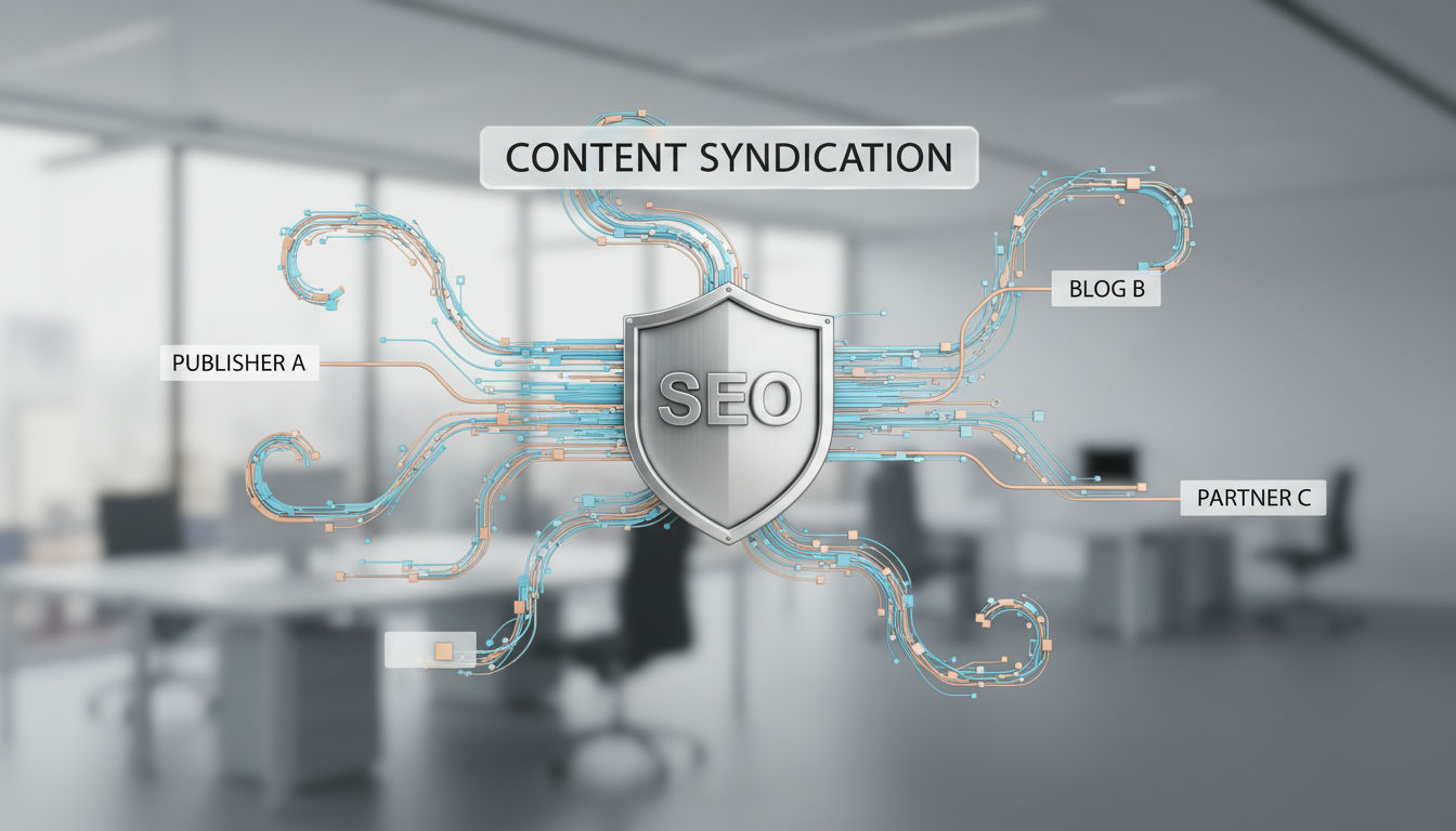 3D illustration showing how to integrate content syndication with canonical arrows pointing back to original source block