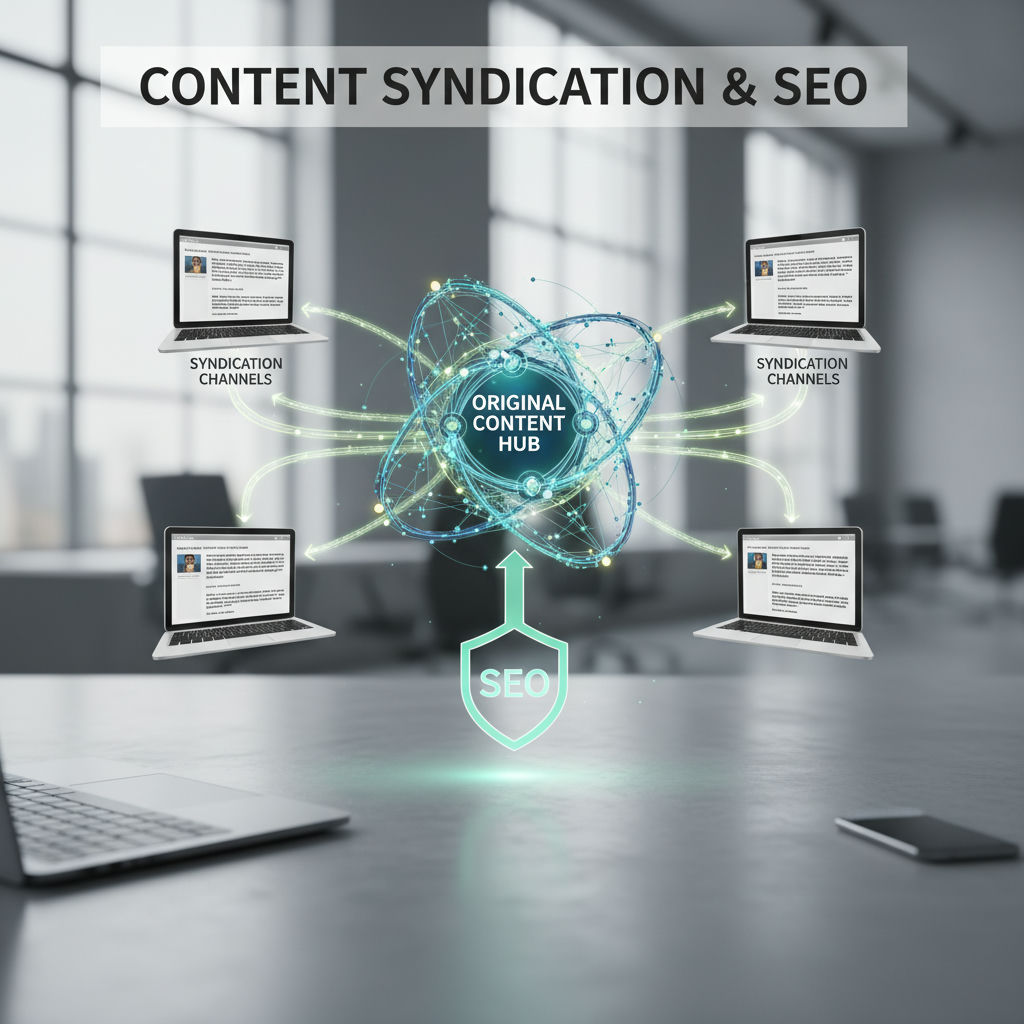 A graphic depicts the content syndication and SEO workflow, illustrating the interconnected processes of content creation, syndication, and optimization.