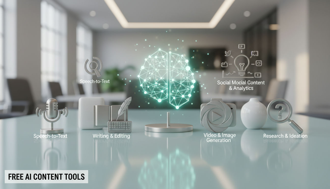 3D render illustrating free ai tools for content creation as tangible writing, visual and video objects with limit gauges