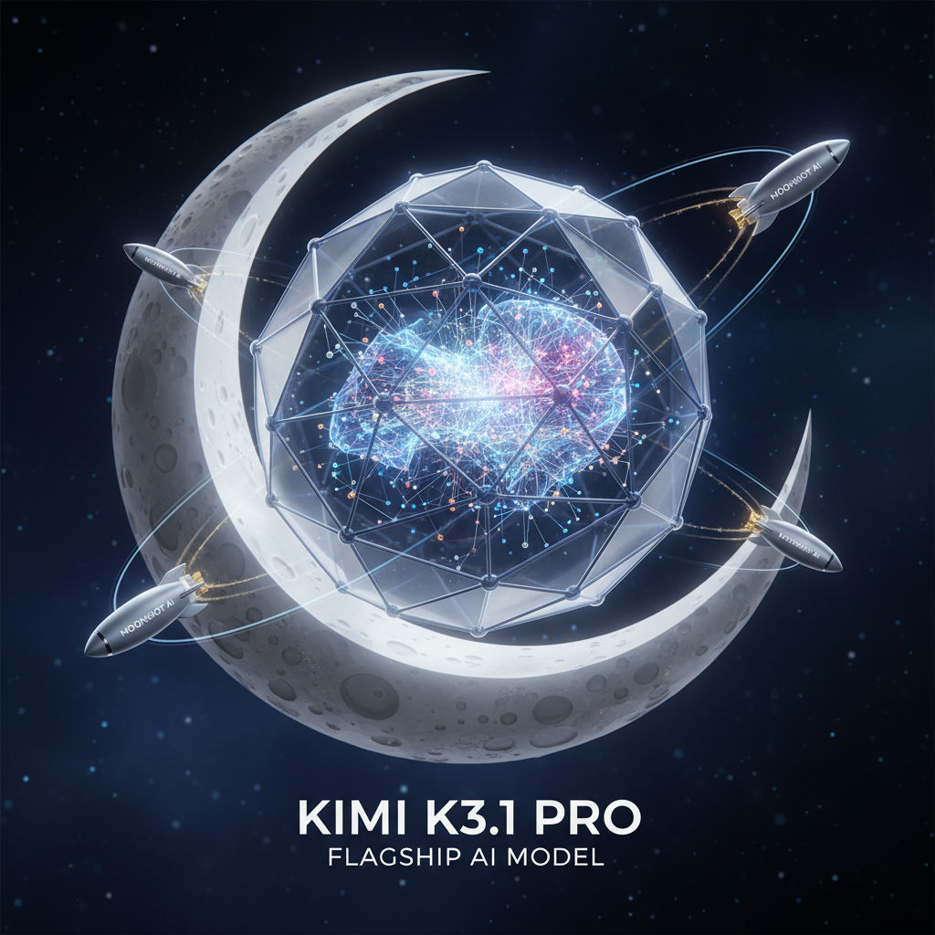 A digital illustration depicts a crescent moon with a central, interconnected, geometric structure resembling a brain, emitting a glowing blue and pink aura. Three small spacecraft, labeled "MoonGoAT," are positioned around the moon against a dark, starry space backdrop.