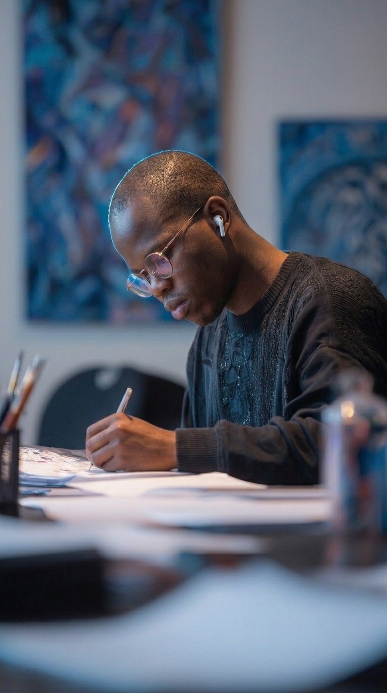 Young man with glasses and earbuds focused on writing or drawing at a desk with papers.