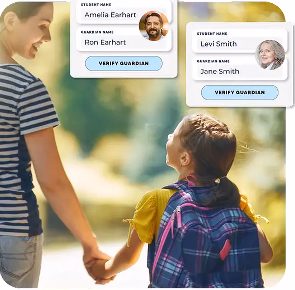 A smiling adult holding hands with a child wearing a backpack outdoors, with overlays showing two guardian verification cards for students Amelia Earhart and Levi Smith.