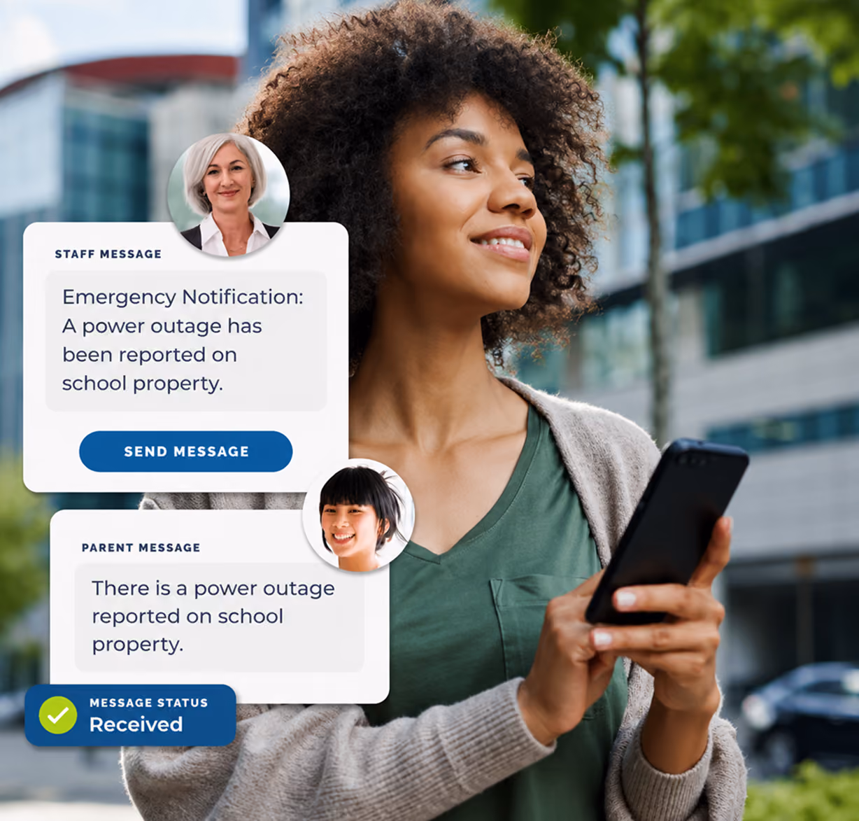 Smiling young woman with curly hair looking to the side while holding a smartphone, with two overlay messages: a staff message saying 'Emergency Notification: A power outage has been reported on school property' and a parent message saying 'There is a power outage reported on school property,' and a message status showing 'Received.'