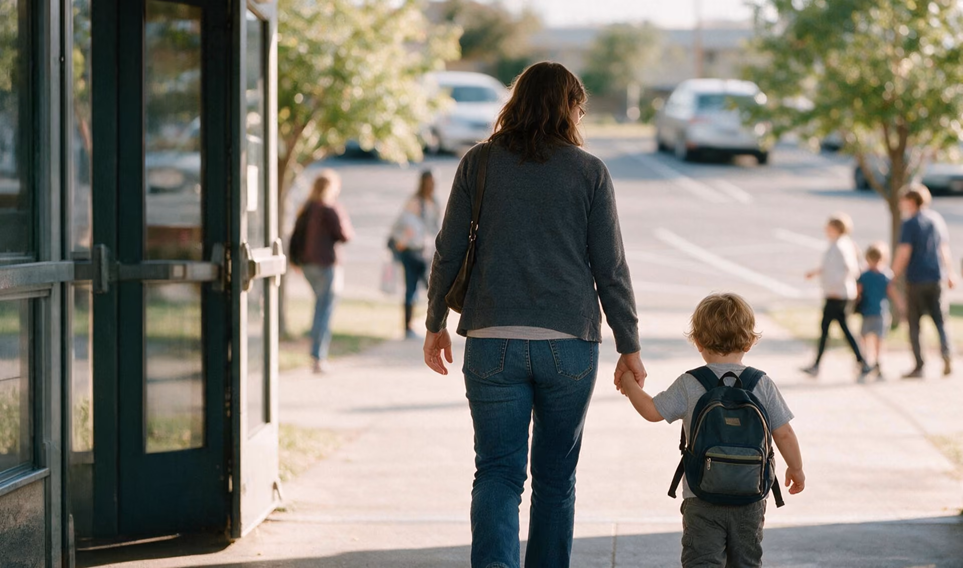 A woman holding hands with a young child wearing a backpack as they walk outside on a sunny day, with other people and parked cars visible in the background.