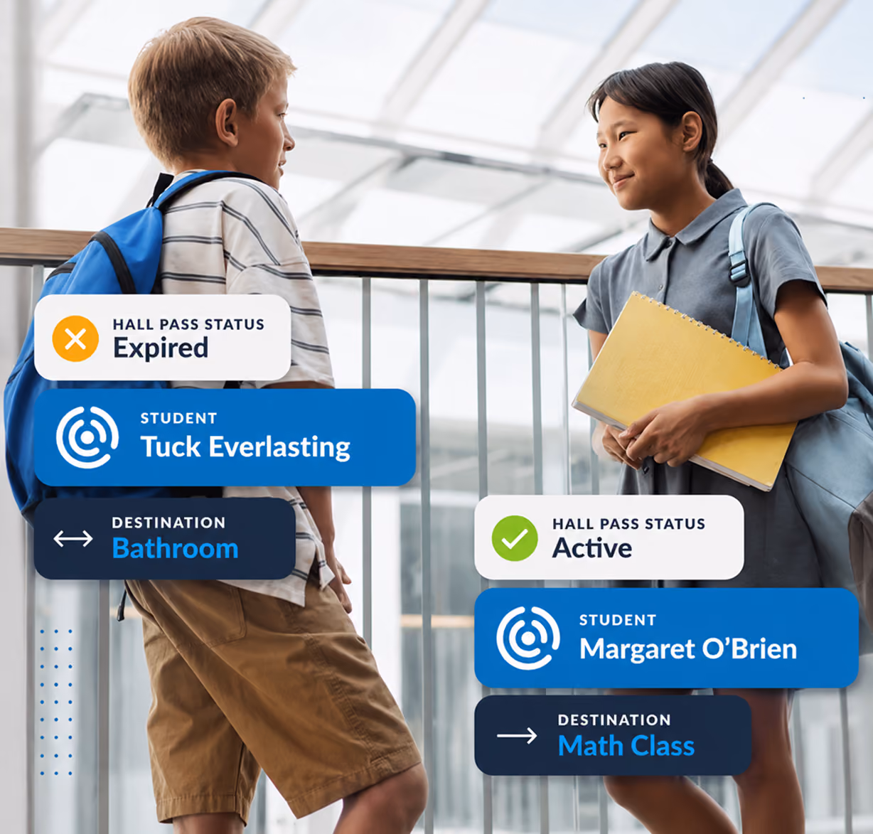 Two students talking; a boy with a blue backpack and striped shirt has an expired hall pass for the bathroom, a girl with a blue backpack and gray shirt has an active hall pass for math class.