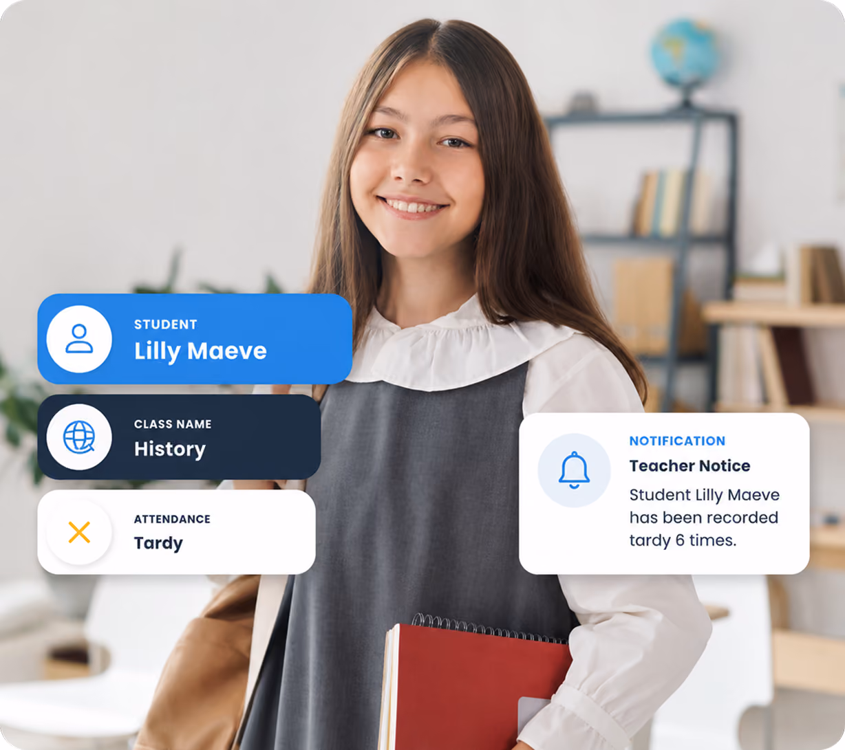 Smiling teenage girl with long brown hair wearing a white blouse and gray dress holding books and a bag in a classroom, with overlays showing student name Lilly Maeve, history class, attendance status marked as tardy, and a teacher notification stating Lilly Maeve has been recorded tardy 6 times.