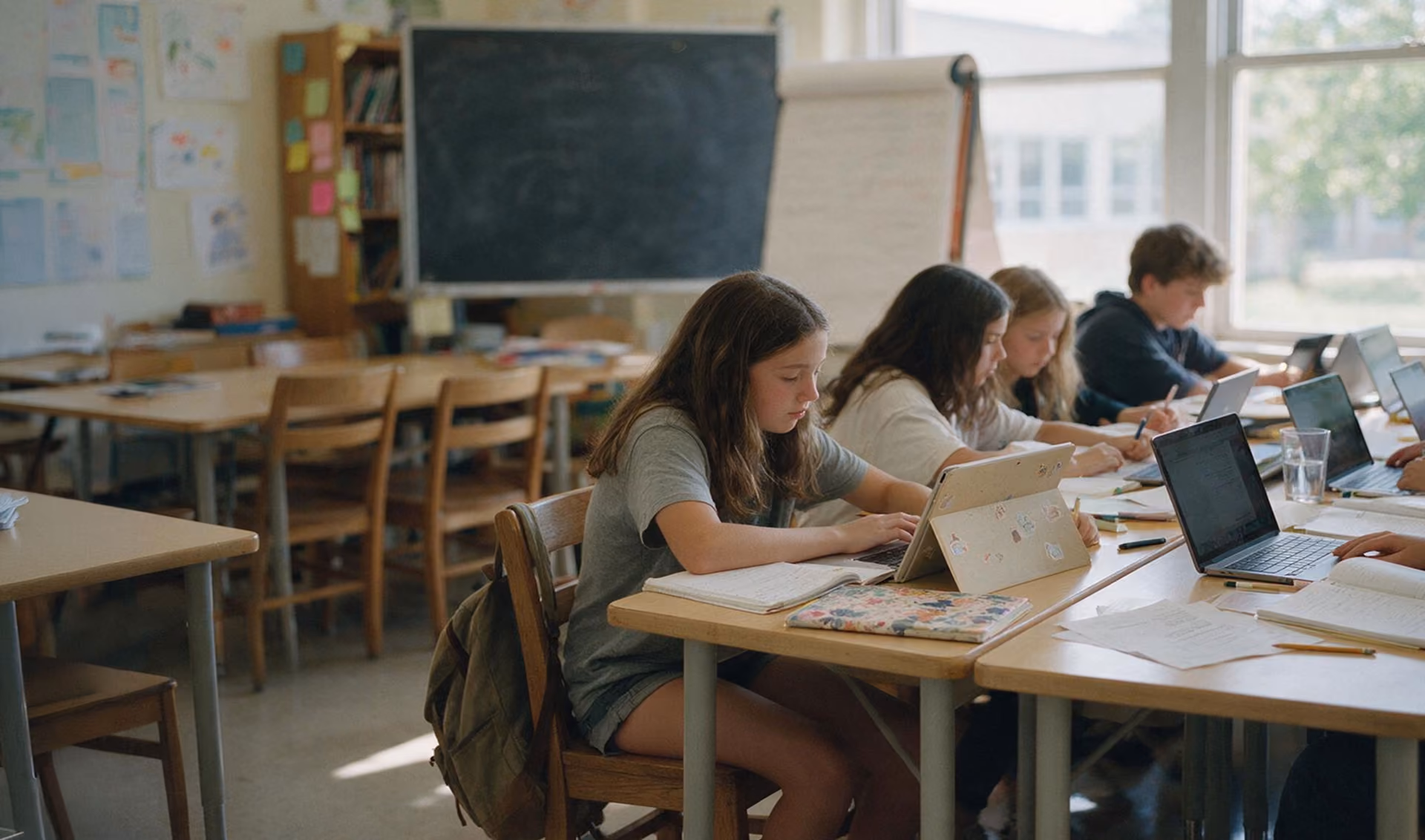 Students sitting at desks in a classroom working on tablets and writing in notebooks with a chalkboard and window visible in the background.