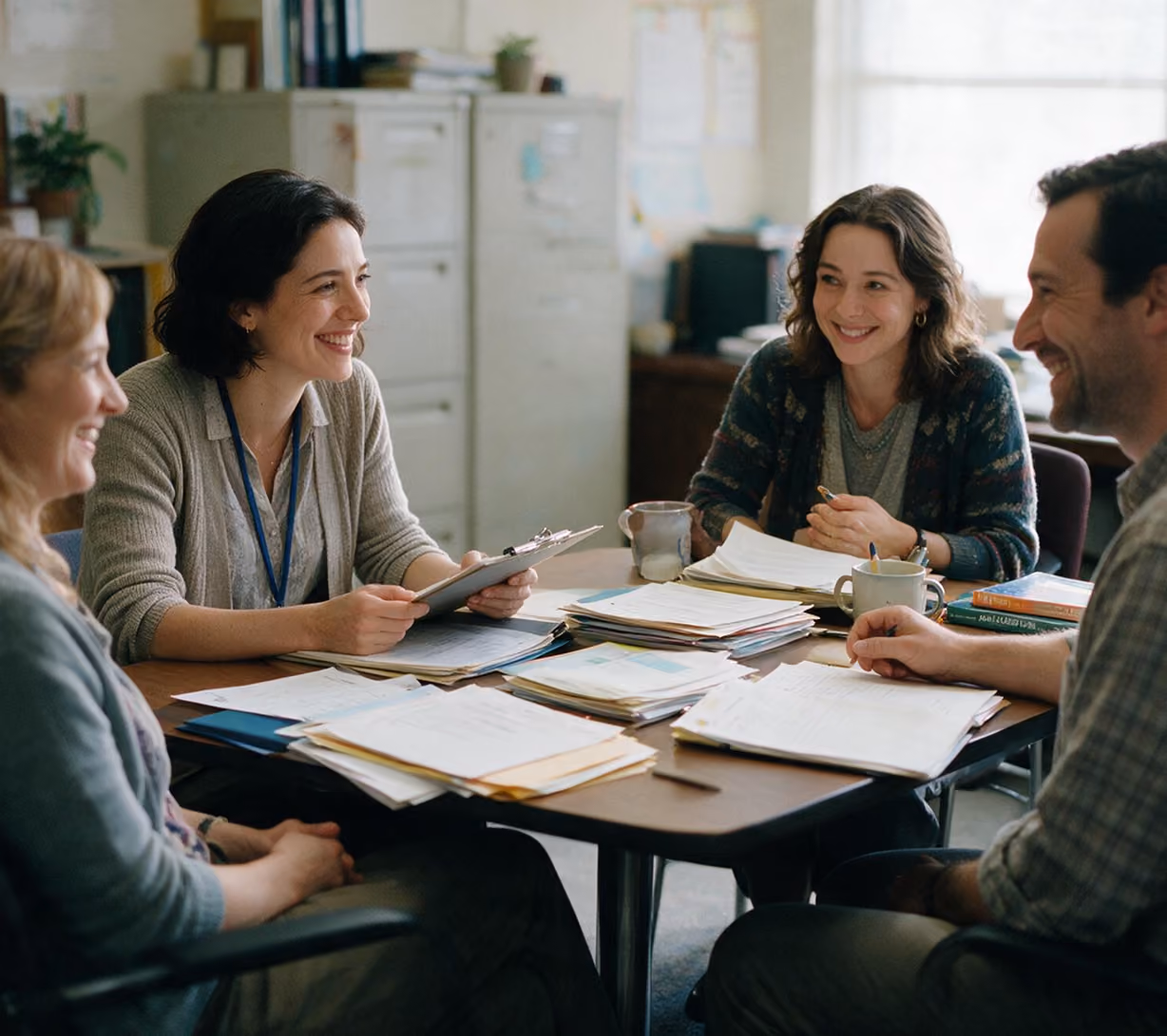 Four coworkers sitting around a table covered with paperwork, smiling and engaging in a discussion in a relaxed office setting.