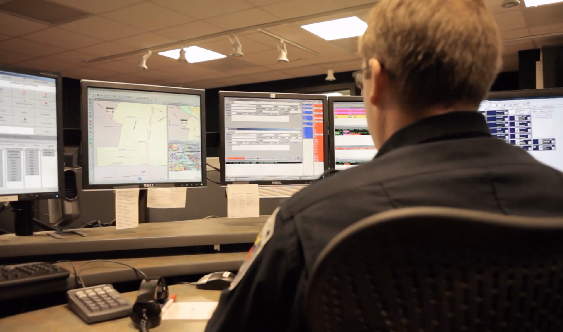 Person in a dark uniform sitting in an office chair facing multiple computer monitors displaying maps and data on a desk with a keyboard, headset, and papers.