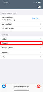 Mobile app screen showing user account info with the name Myrtle Wilson and email, options for My Locations and My Alert Types, and app info menu with About, Tutorial highlighted in red, Privacy Policy, Support, and FAQ links.