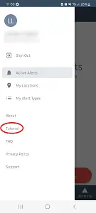 Mobile app menu showing options including Sign Out, Active Alerts (highlighted), My Locations, My Alert Types, and a section titled About with links to Tutorial, FAQ, Privacy Policy, and Support.
