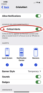 iPhone screen showing Crisis Alert notification settings with Critical Alerts enabled, including a note that critical alerts appear on the lock screen and play a sound even if Focus is on or the iPhone is muted.