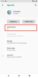 Smartphone screen showing CrisisAlert app info with options to uninstall, force stop, and notifications set to Off, plus storage and data usage details.