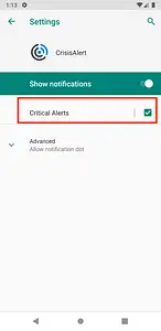 Mobile phone settings screen for CrisisAlert app showing the notification options, with 'Critical Alerts' enabled.
