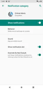 Smartphone screen showing notification settings for Critical Alerts, with toggles for showing notifications, sound enabled, showing notification dot, and override Do Not Disturb.