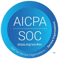 Circular blue badge with text AICPA SOC and website aicpa.org/soc4so, with curved text around the edge saying SOC for Service Organizations | Service Organizations.