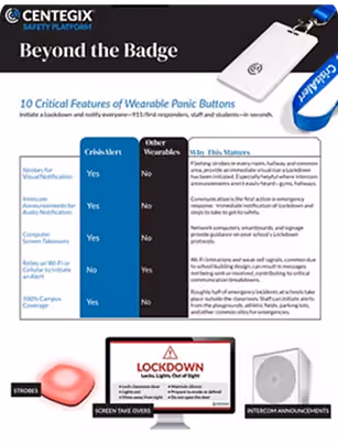 Centegix Safety Platform 'Beyond the Badge' infographic comparing 10 critical features of wearable panic buttons across CrisisAlert, Other Wearables, and Why This Matters columns; includes details on incident notification, communication, network compatibility, Wi-Fi/Cellular support, and 500K+ campus coverage; also shows visual icons of a red strobe light, a computer screen with Lockdown alert, and an intercom speaker.
