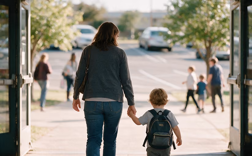 A woman wearing jeans and a dark jacket holds hands with a young child carrying a backpack as they walk through an open doorway toward a parking lot with several parked cars and people walking in the background.