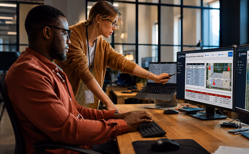 A man in a red shirt sits at a desk using a keyboard and mouse while a woman wearing glasses and a brown cardigan points at a computer monitor displaying security alert maps and data in an office setting.
