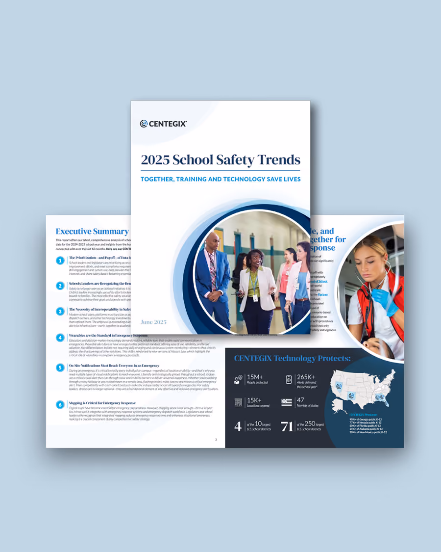 Cover and pages of a report titled '2025 School Safety Trends' by Centegix, featuring a photo of diverse professionals talking and a section summarizing school safety insights with statistics and a U.S. map.