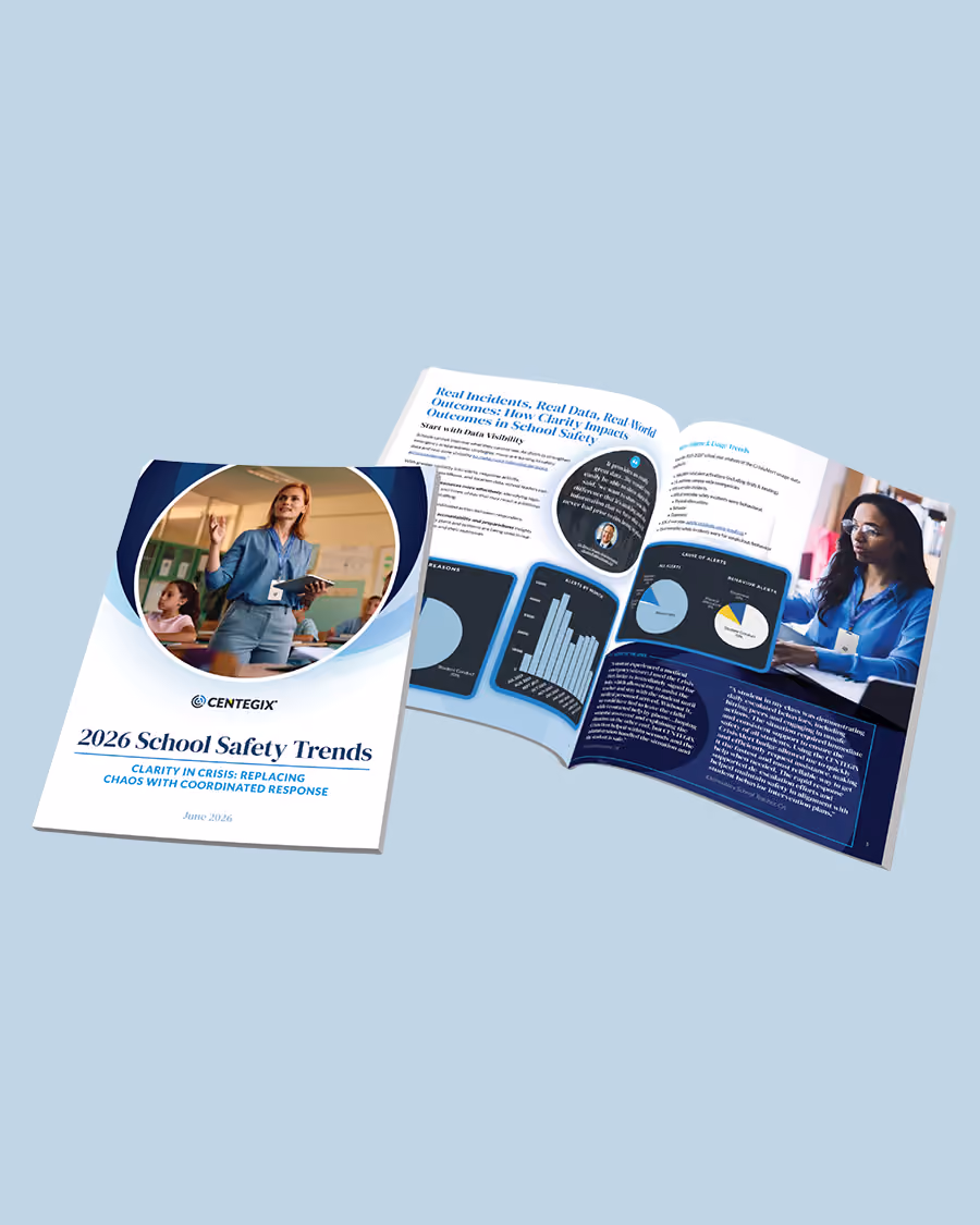 Cover and open pages of the report titled '2026 School Safety Trends' by Centegix, featuring a female teacher with students on the cover and charts, graphs, and a woman working on a laptop on the inside pages.