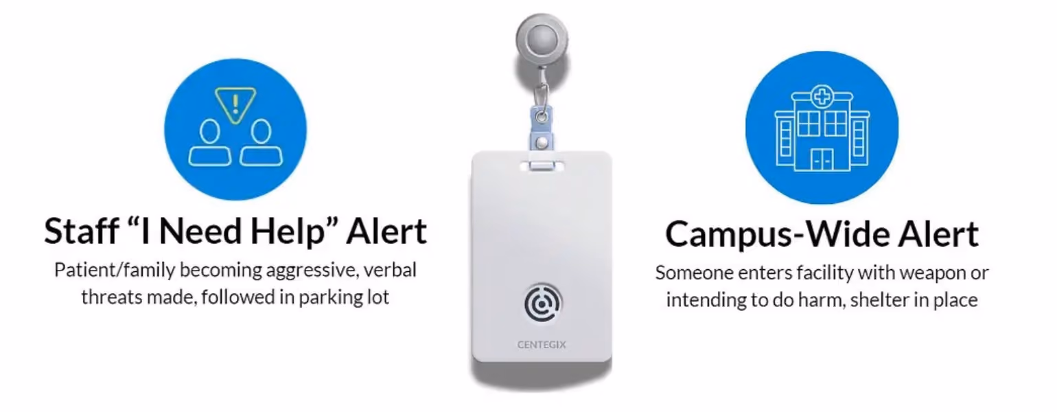 White security badge with retractable clip centered between two blue circular icons: left icon shows two figures with exclamation mark titled 'Staff I Need Help Alert' describing aggressive patients or verbal threats in parking lot; right icon shows a hospital building titled 'Campus-Wide Alert' for weapons or harm intent requiring shelter in place.