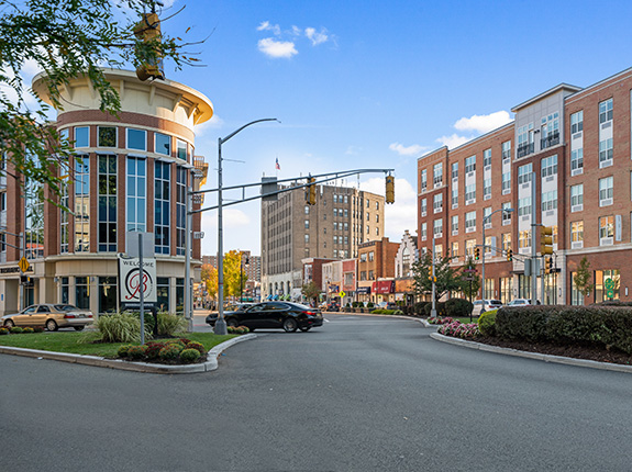 Street view of beautiful buildings in downtown Bloomfield.