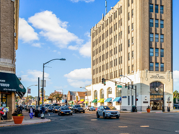 Street view of beautiful buildings in downtown Bloomfield.