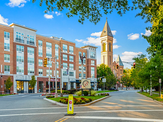Street view of beautiful buildings in downtown Bloomfield.