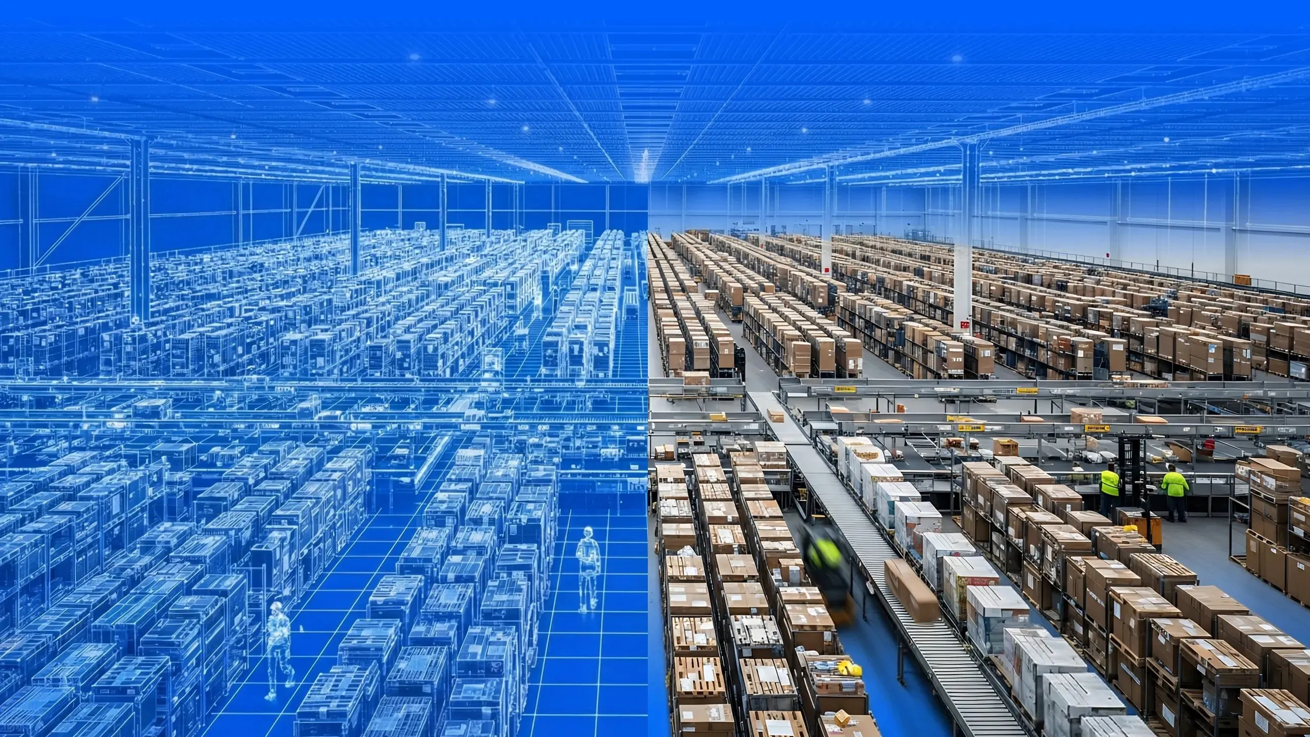 An aisle of a vast distribution warehouse mapped in blue
