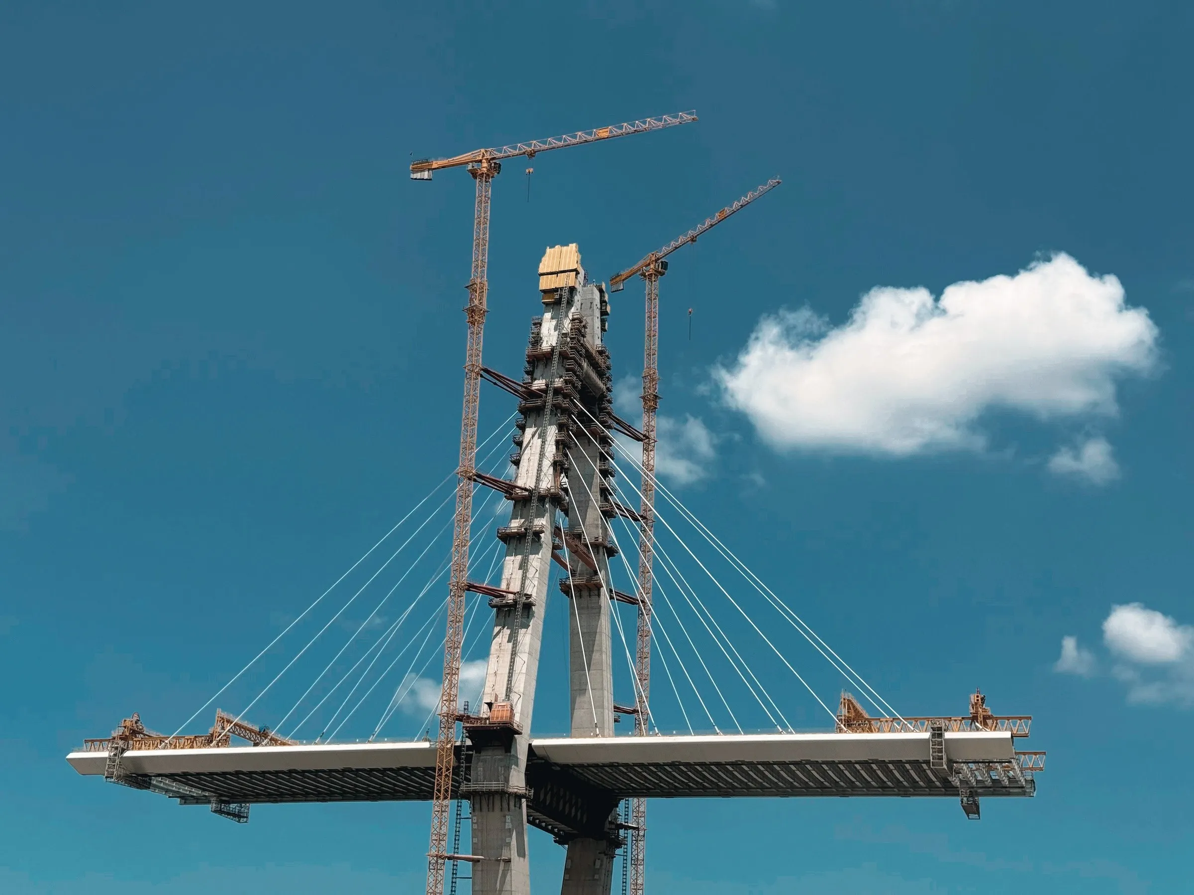A cable-stayed bridge deck under construction