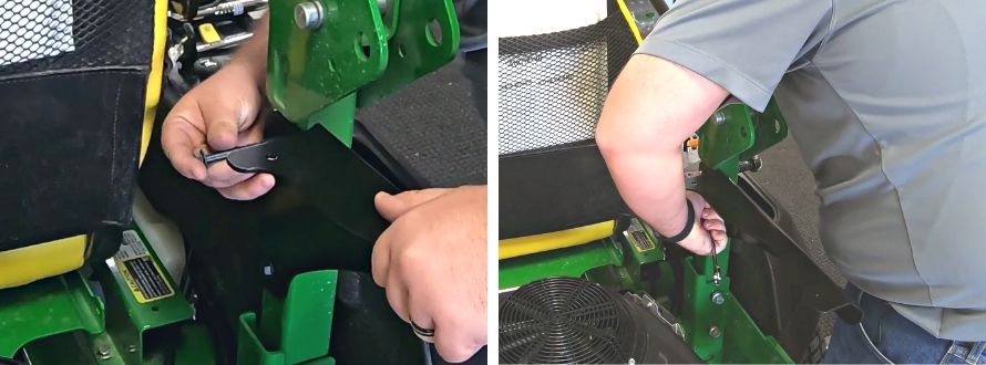 Close up showing how to mount storage tray attachment bracket and where the bottom top goes on a John Deere 735M Zero Turn Mower