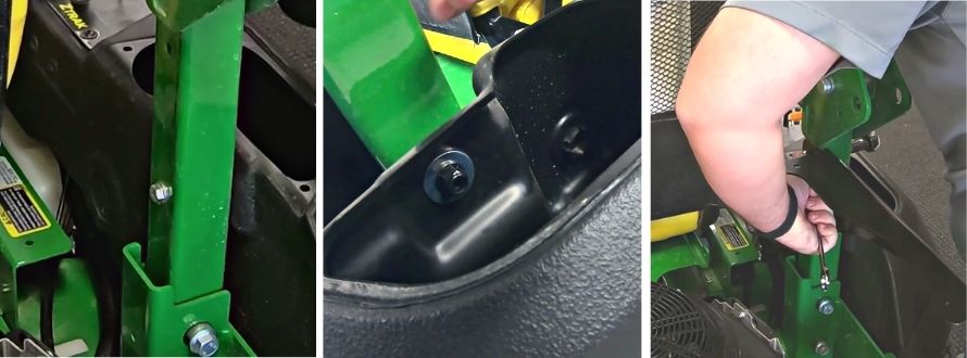 Close up showing where the bottom bolt is on the right side of the Rolling Protection Structure on a John Deere Z735M Zero Turn Mower and showing how to remove the bolt, nut, and washer