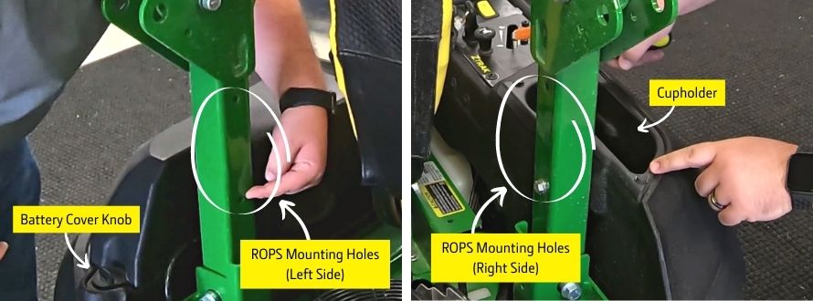 Close up showing where the battery cover knob, cup holder, and mounting holes are on the Rolling Over Protection Structure on Z735M Zero Turn Mower