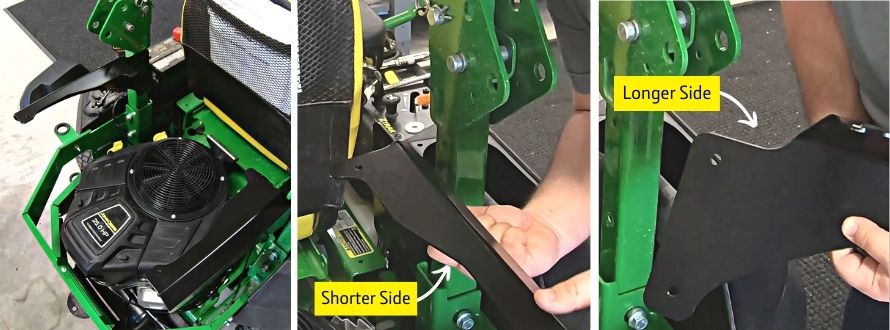 Close up showing how the mounting brackets for a storage tray attachment look and how they should be mounted onto a John Deere Z735M Zero Turn Mower and where the holes are located on the brackets
