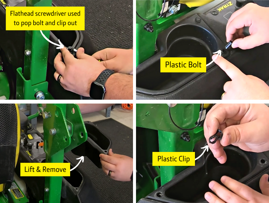 Close up showing how to remove a cupholder from a John Deere Z735M Zero Turn Mower