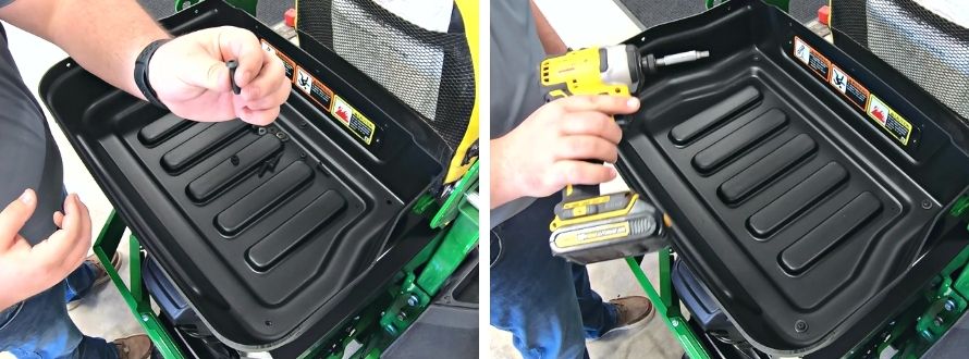 Close up showing what the bolts look like that will be used to secure the storage tray attachment to the mounting brackets and how they should be tightened using a tool such as an impact drill