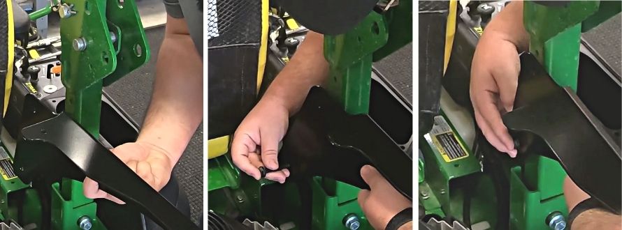 Close up showing how to mount storage tray attachment bracket and where the bottom bolt goes on a John Deere 735M Zero Turn Mower