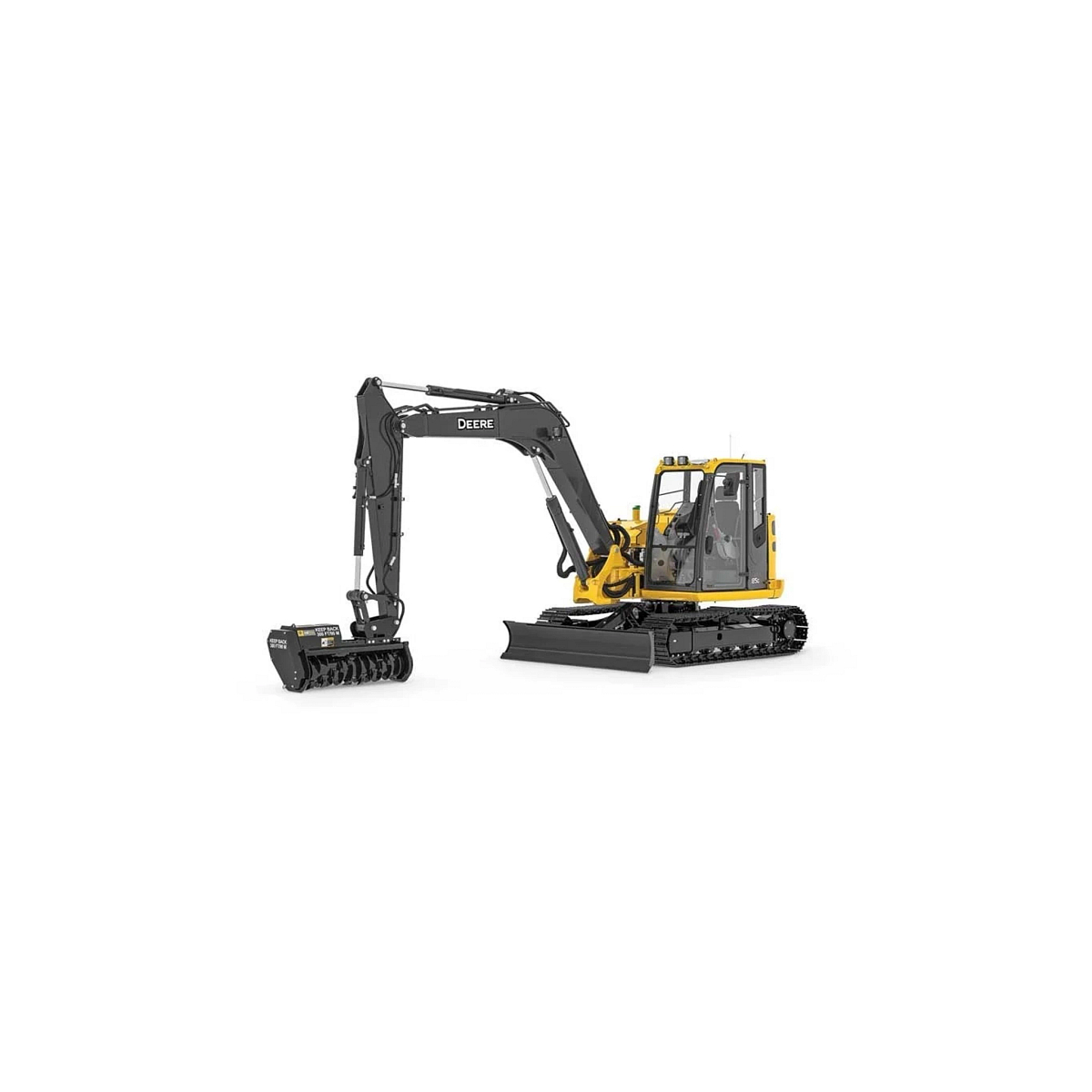 Studio image with a front left view of an excavator with ME50 mulching head