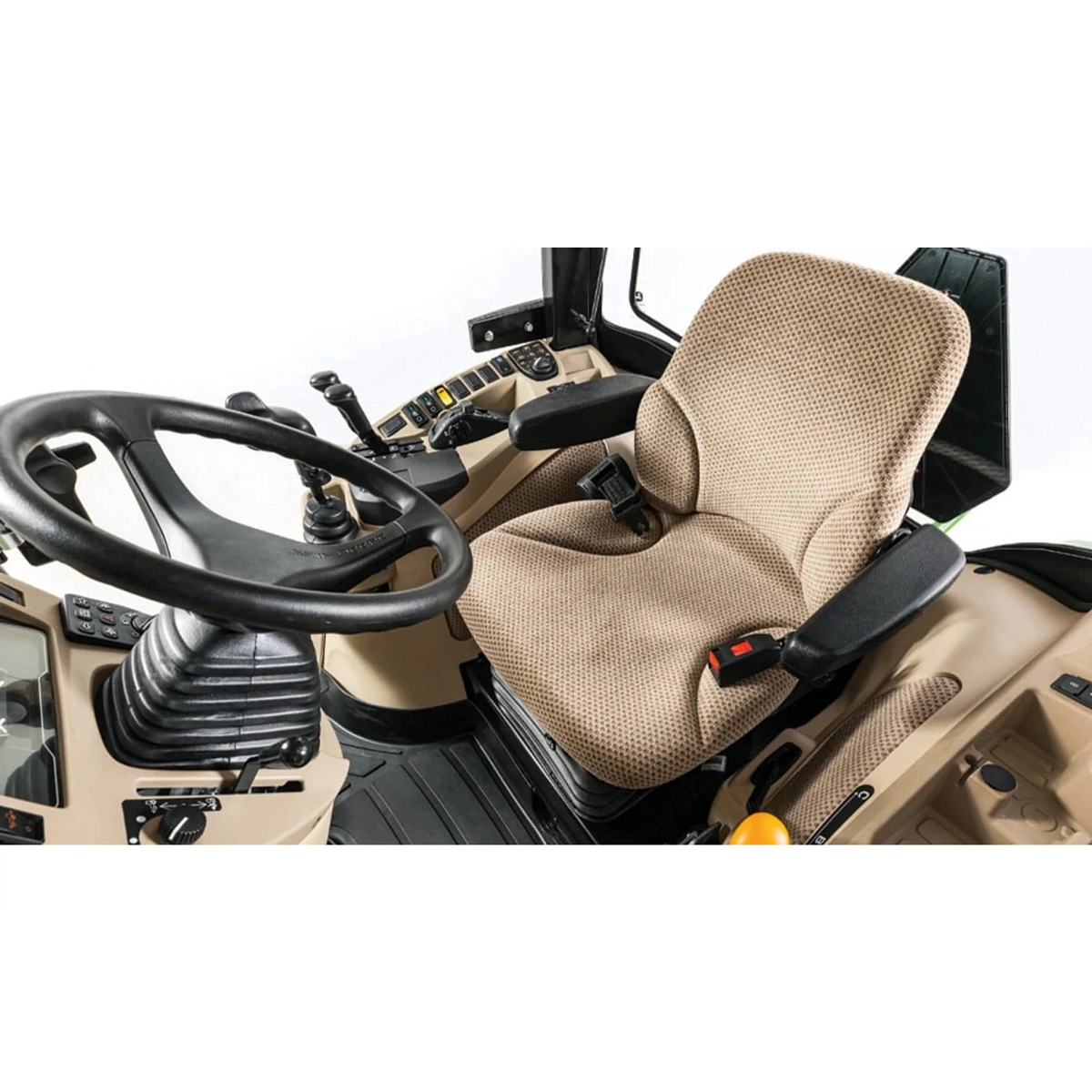 Studio image of the inside of a cab with a focus on the chair and steering wheel