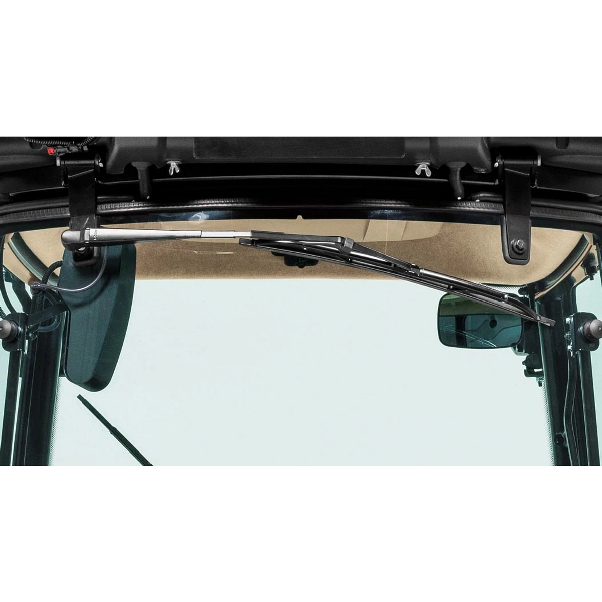 Closeup of a cab windshield with windshield wipers