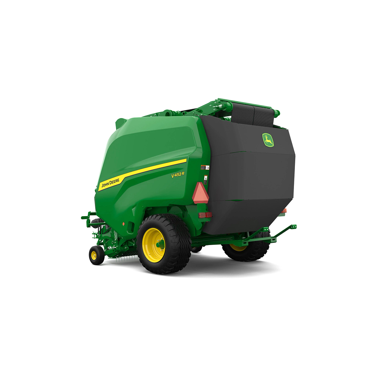 Studio rendering of V452R round baler shown from a rear three-quarter angle on a white background, featuring a green body, yellow wheels, rear cover with John Deere logo, safety reflector, visible bale chamber belts, and rear discharge ramp