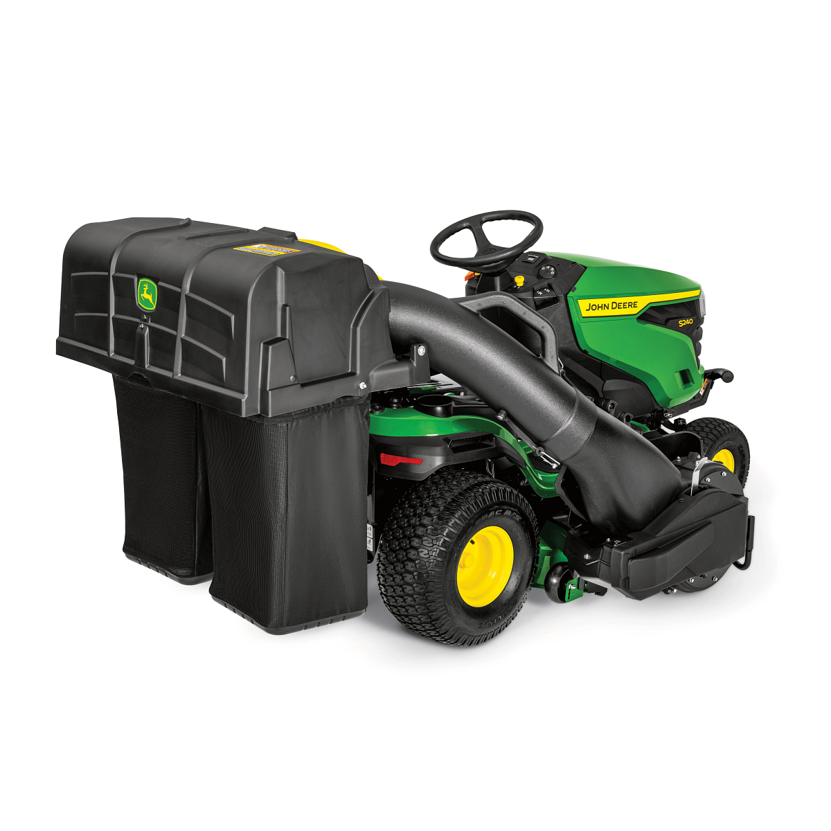 Rear right studio view of an S240 Lawn Tractor with black, rear-attached bagger