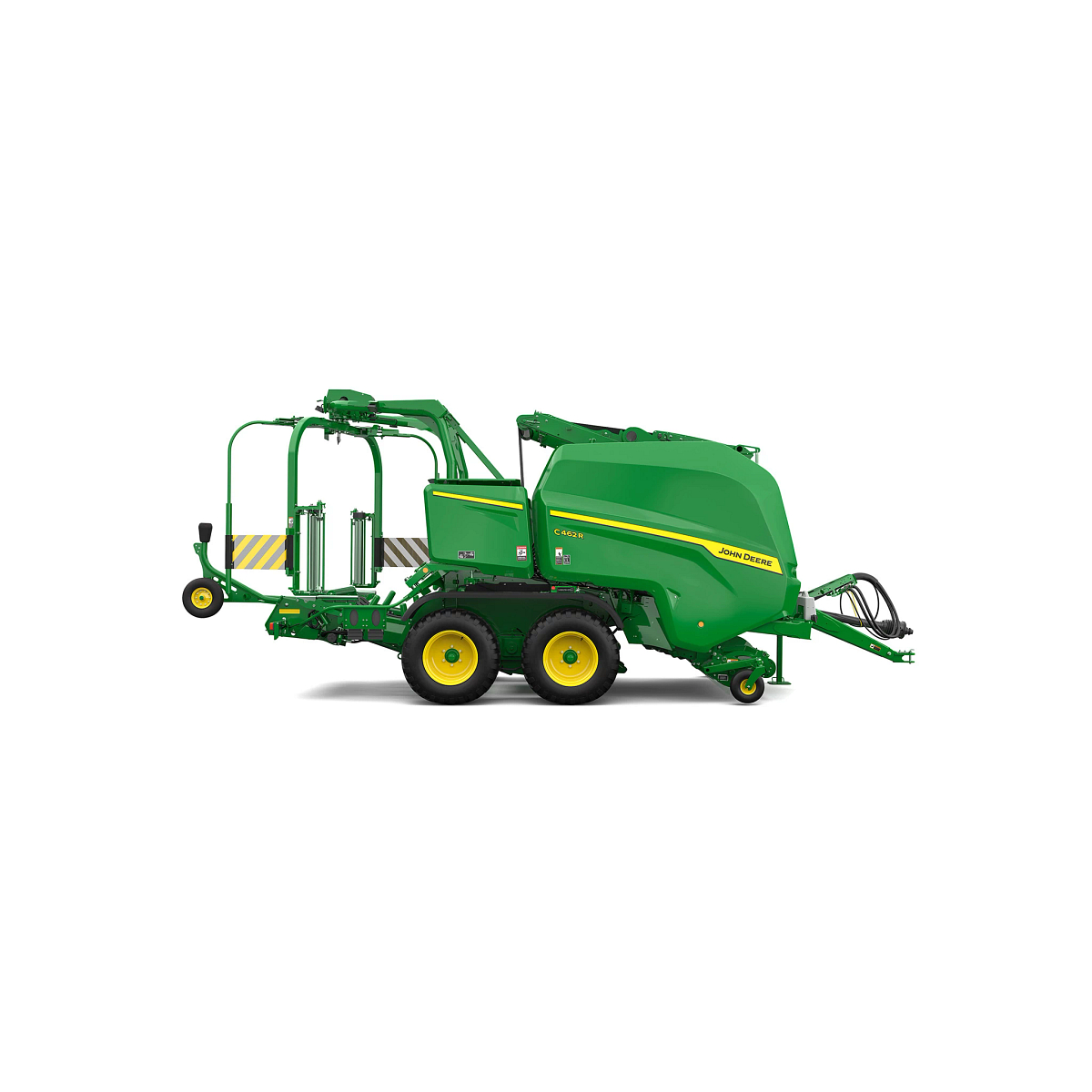 Studio rendering of C462R baler shown in right-side profile on a white background, featuring a green body, yellow tandem wheels, integrated wrapping system, pickup assembly, hydraulic hoses, and front tow hitch