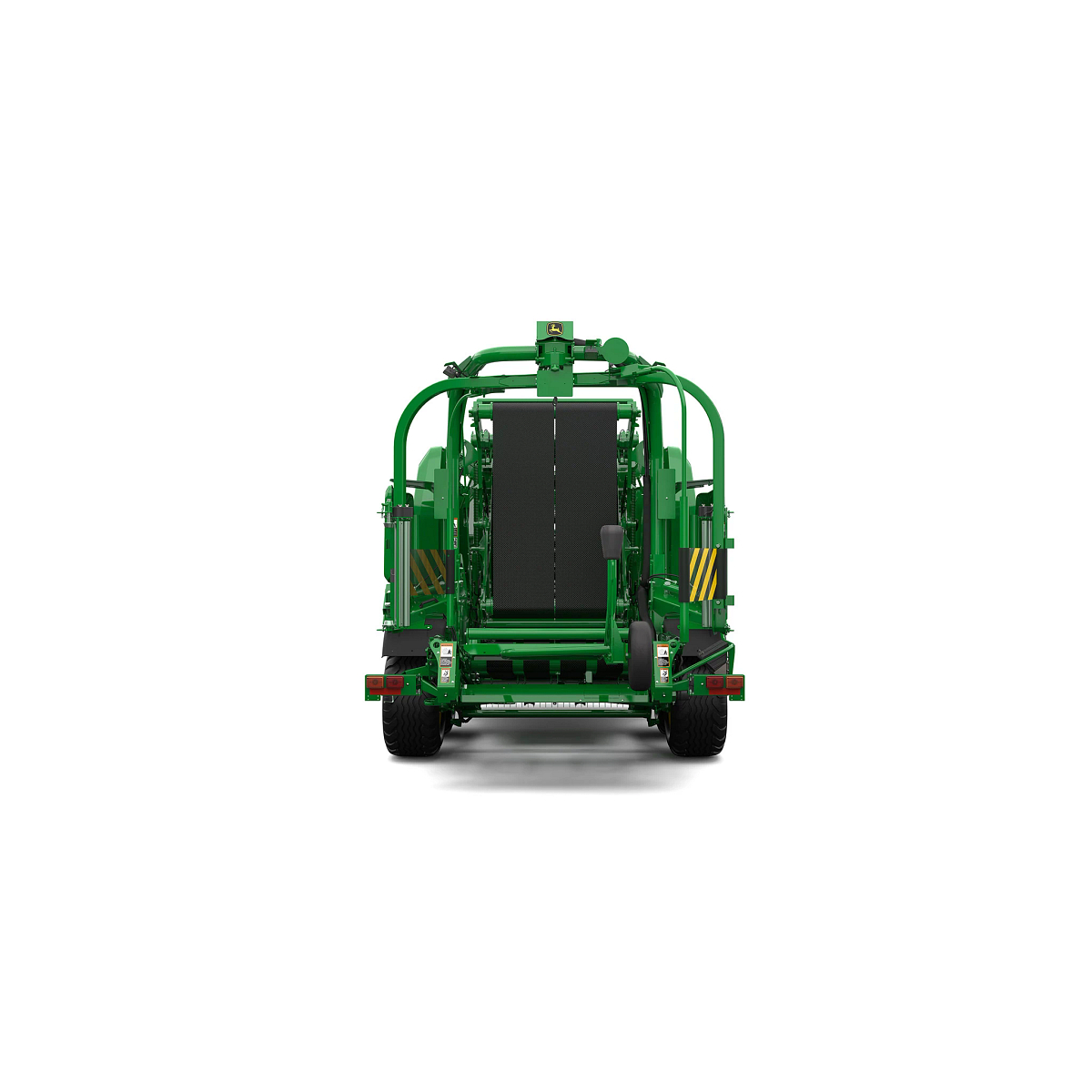 Studio rendering of C462R baler shown from the rear on a white background, featuring the integrated wrapping system in the open position, bale transfer platform, safety markings, rear lights, and tandem wheels