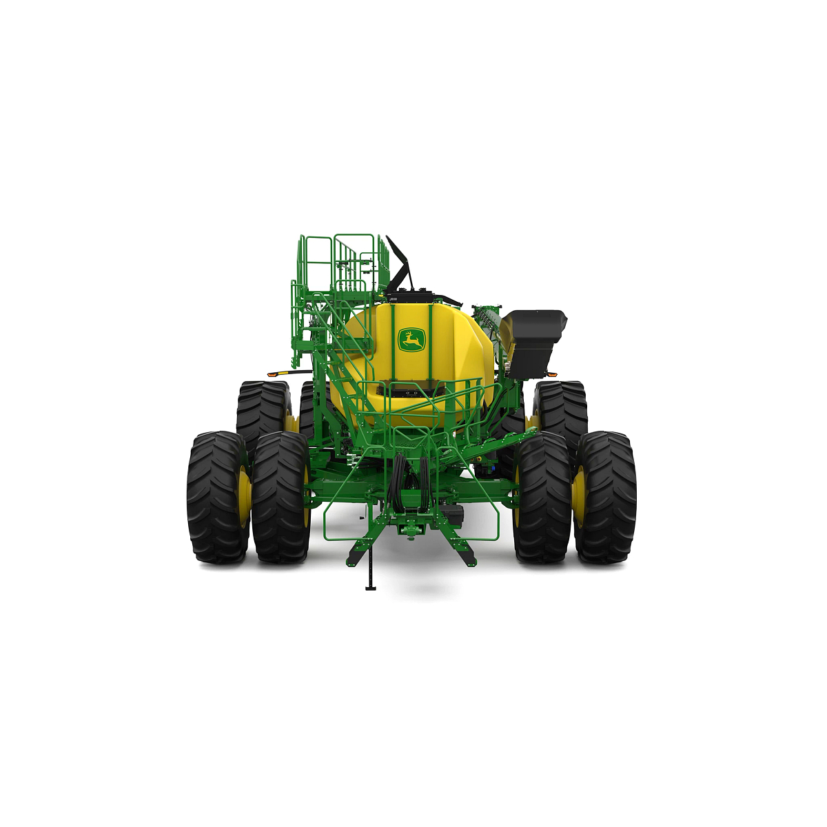 Front-facing studio rendering of C1450T green trailing air cart with yellow tanks on a white background
