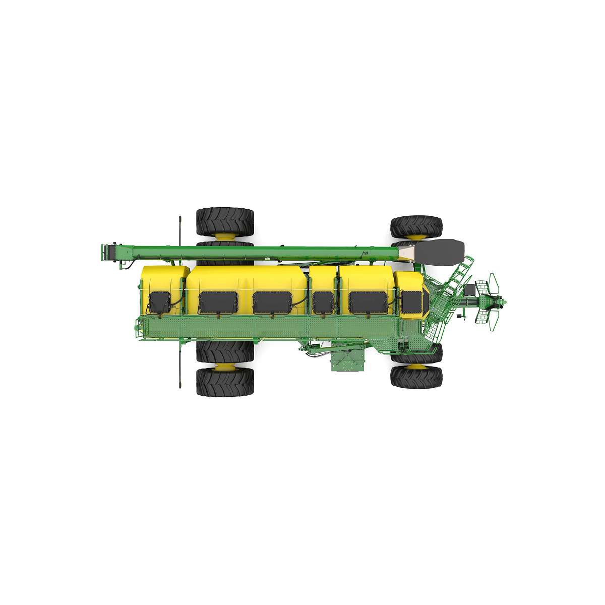 Top-facing studio rendering of C1450T green trailing air cart with yellow tanks on a white background