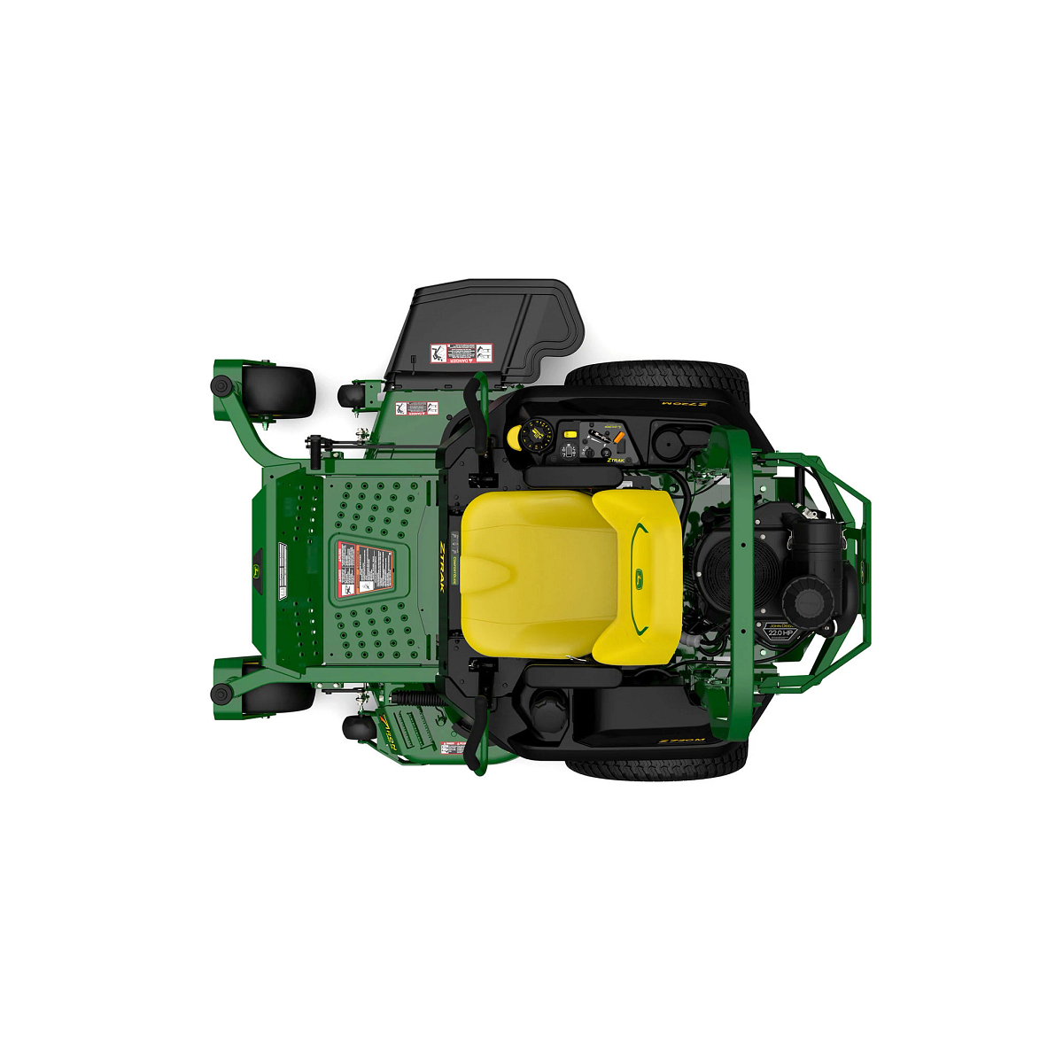 A top-down studio shot of a green zero-turn mower on a white background.